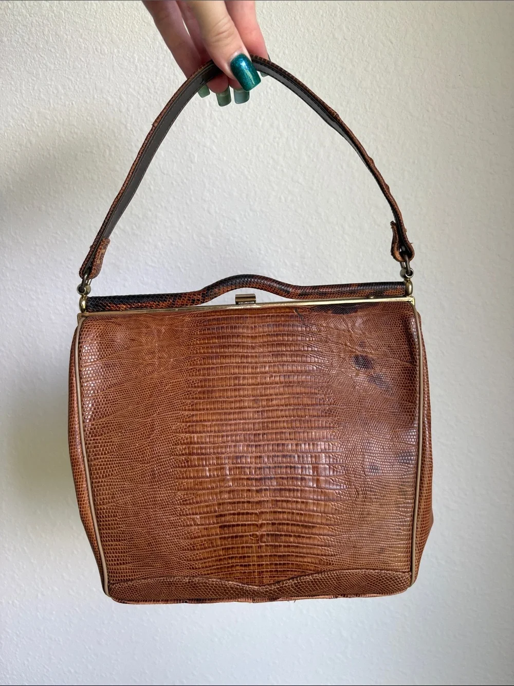 Sterling USA Vintage-Style Brown Textured Genuine Lizard Leather Hand Bag